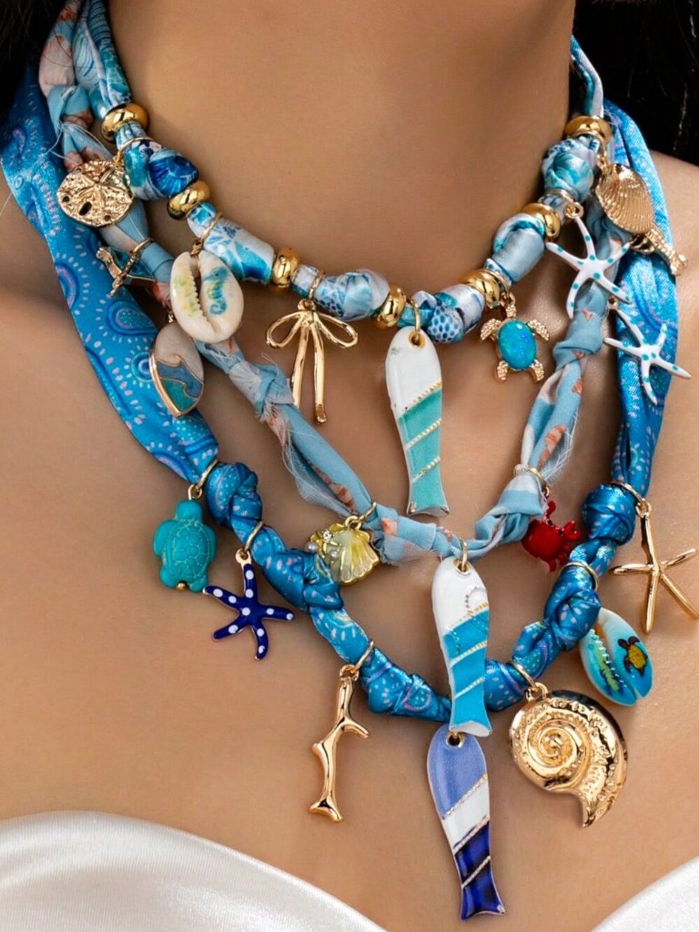 Boho Blue Scarf Necklace Starfish Shell Marine Life Beach Vacation Jewelry